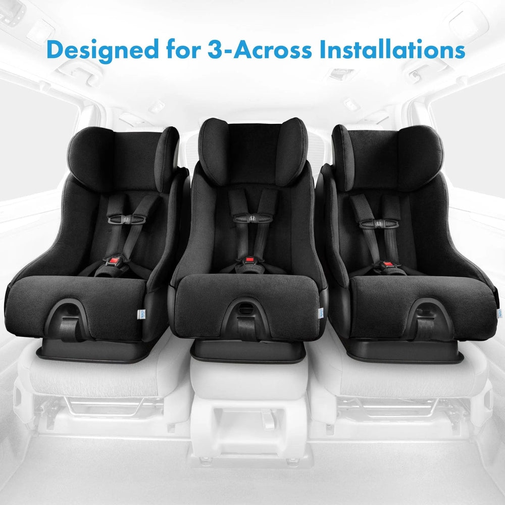 Clek Fllo convertible car seats trio in black fabric, showing secure 5-point harnesses for a 3-across setup.