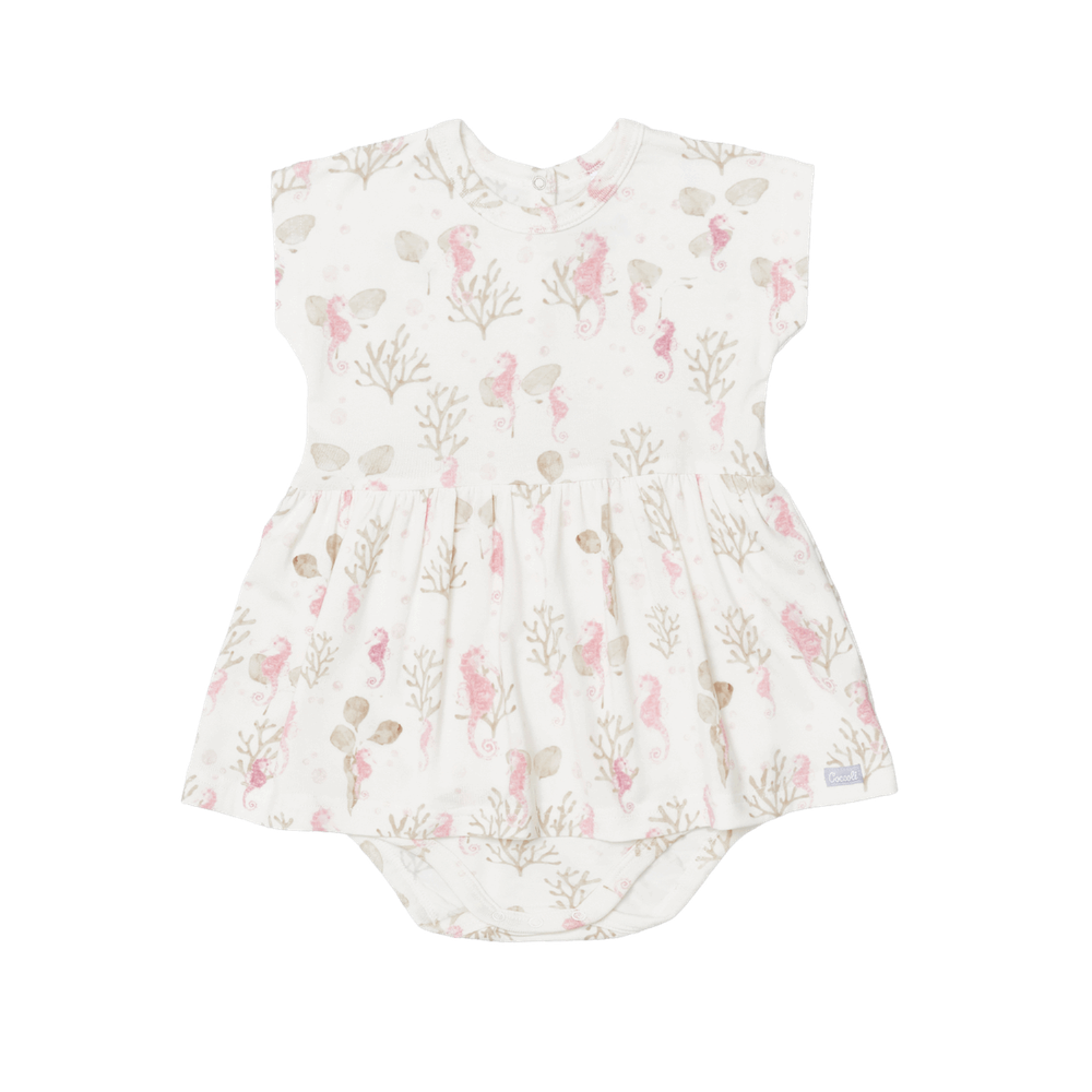 Coccoli infant romper cream with pink seahorses and coral print; cotton TENCEL Modal blend.