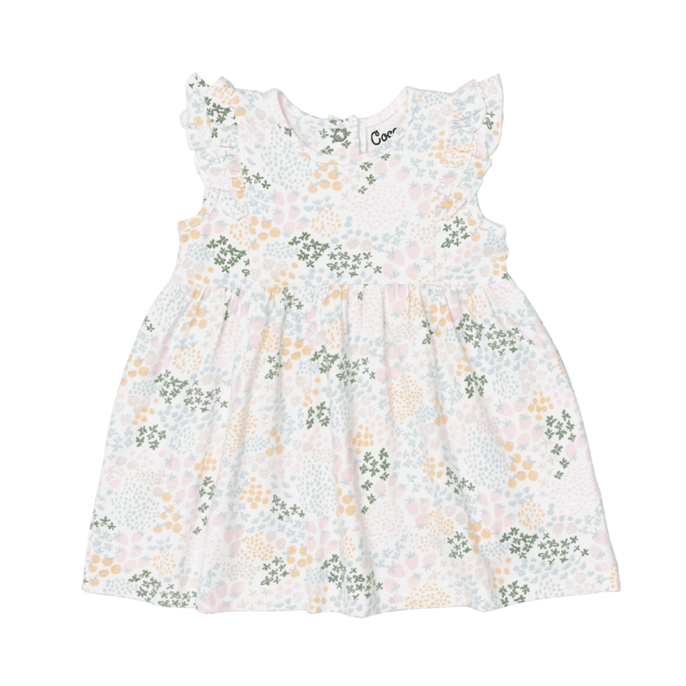 Coccoli baby dress in cream with pastel fruit patch print, cotton TENCEL™ Modal blend.
