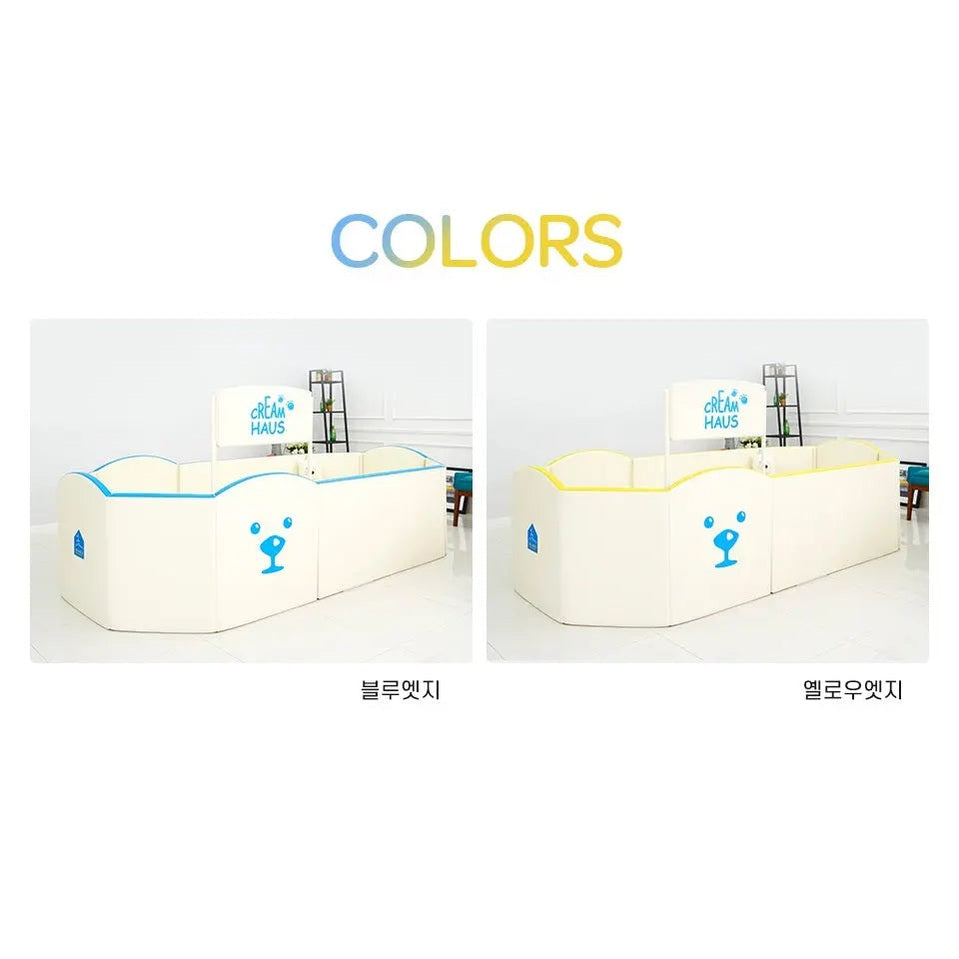 Creamhaus Grand Ice Castle Up Bt baby playpen with blue or yellow trim, two side-by-side enclosures for safe, cozy play.