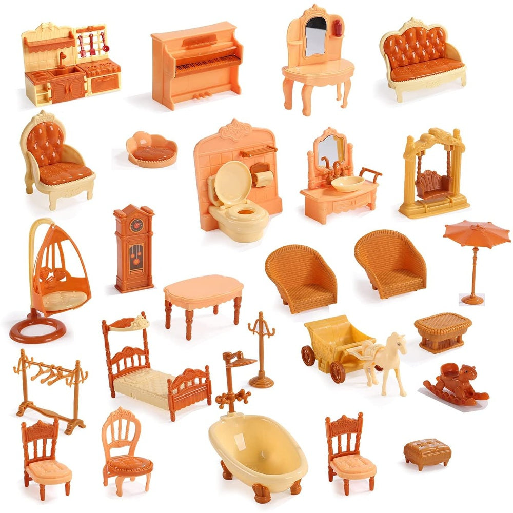 Cute Stone dollhouse furniture set in orange-beige plastic with beds, chairs, bathtub, vanity and accessories