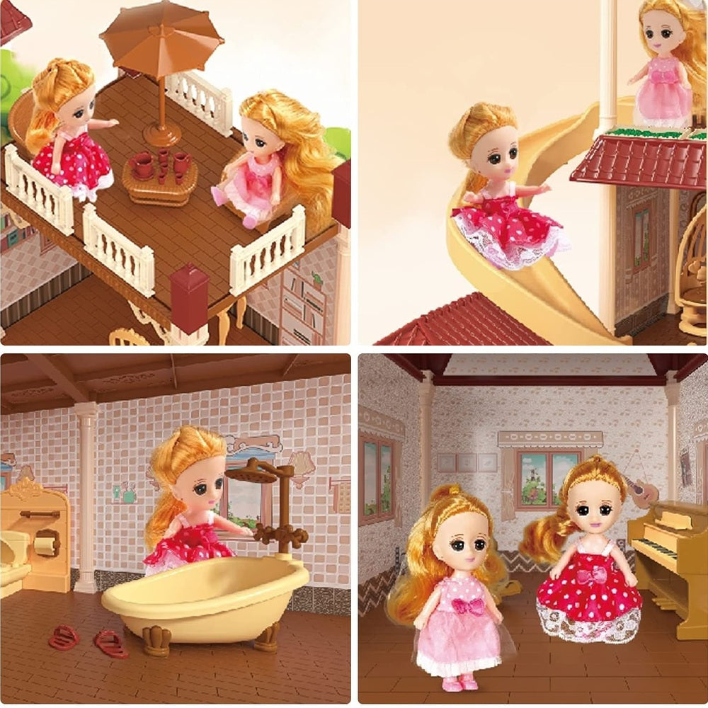Cute Stone dollhouse playset with four dolls in pink dresses on balconies and a yellow slide