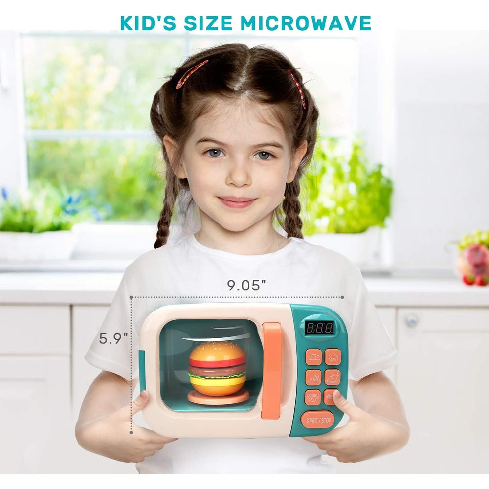 Cute Stone Kids Microwave Playset by CUTE STONE, teal and beige with orange keypad and burger accessory