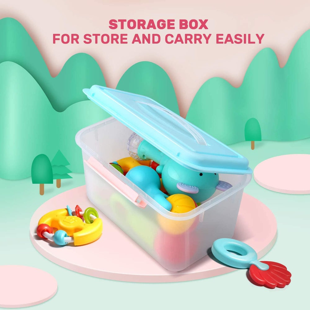 Cute Stone rattle and teether set by CUTE STONE in a clear storage box with a blue lid, colorful silicone toys.