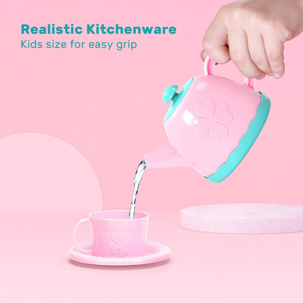 Cute Stone Tea Party Pretend Play Set; pink teapot and cup with teal accents and clover motif (2 pieces)