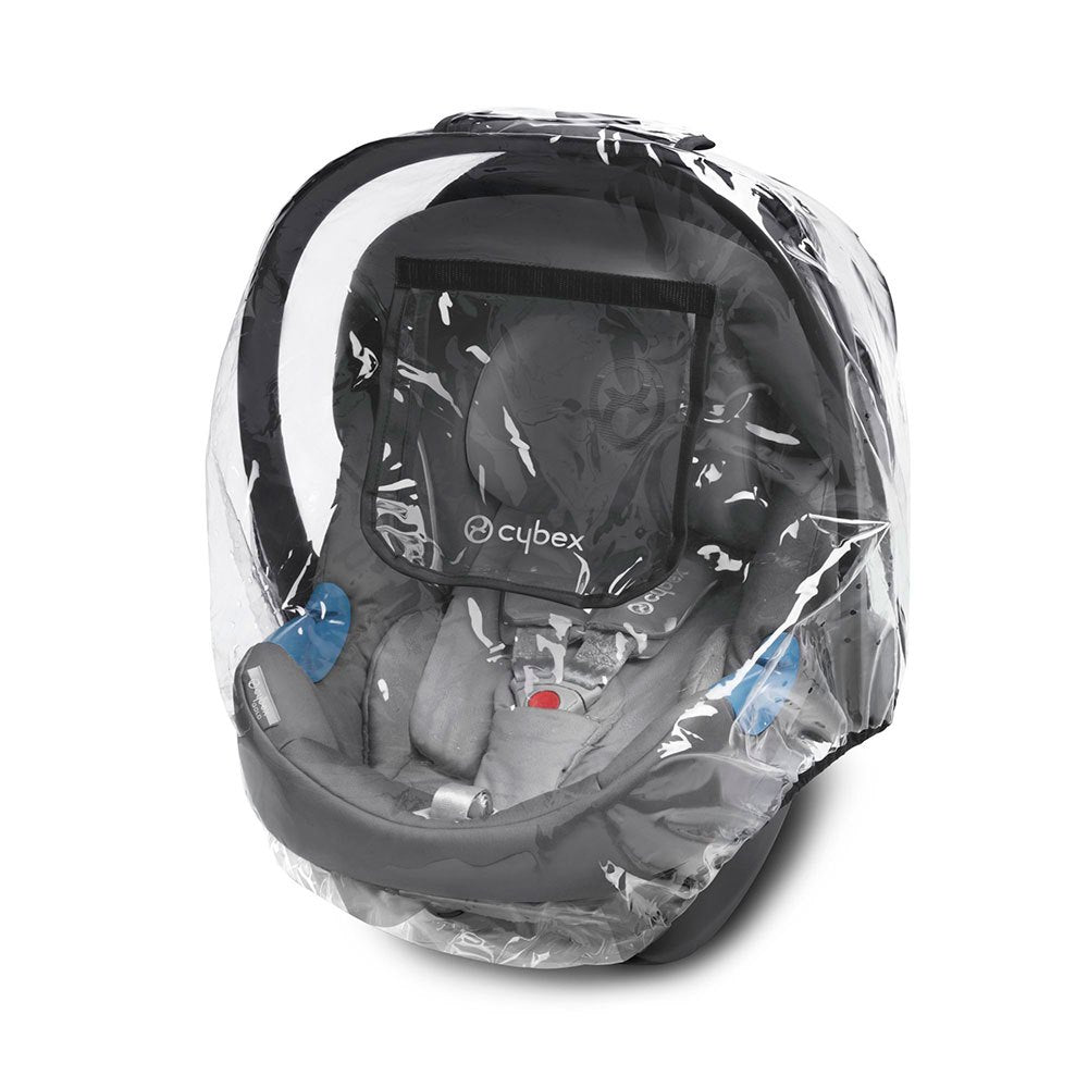 Cybex Aton/Cloud rain cover for infant car seat; clear transparent plastic shield with logo visible