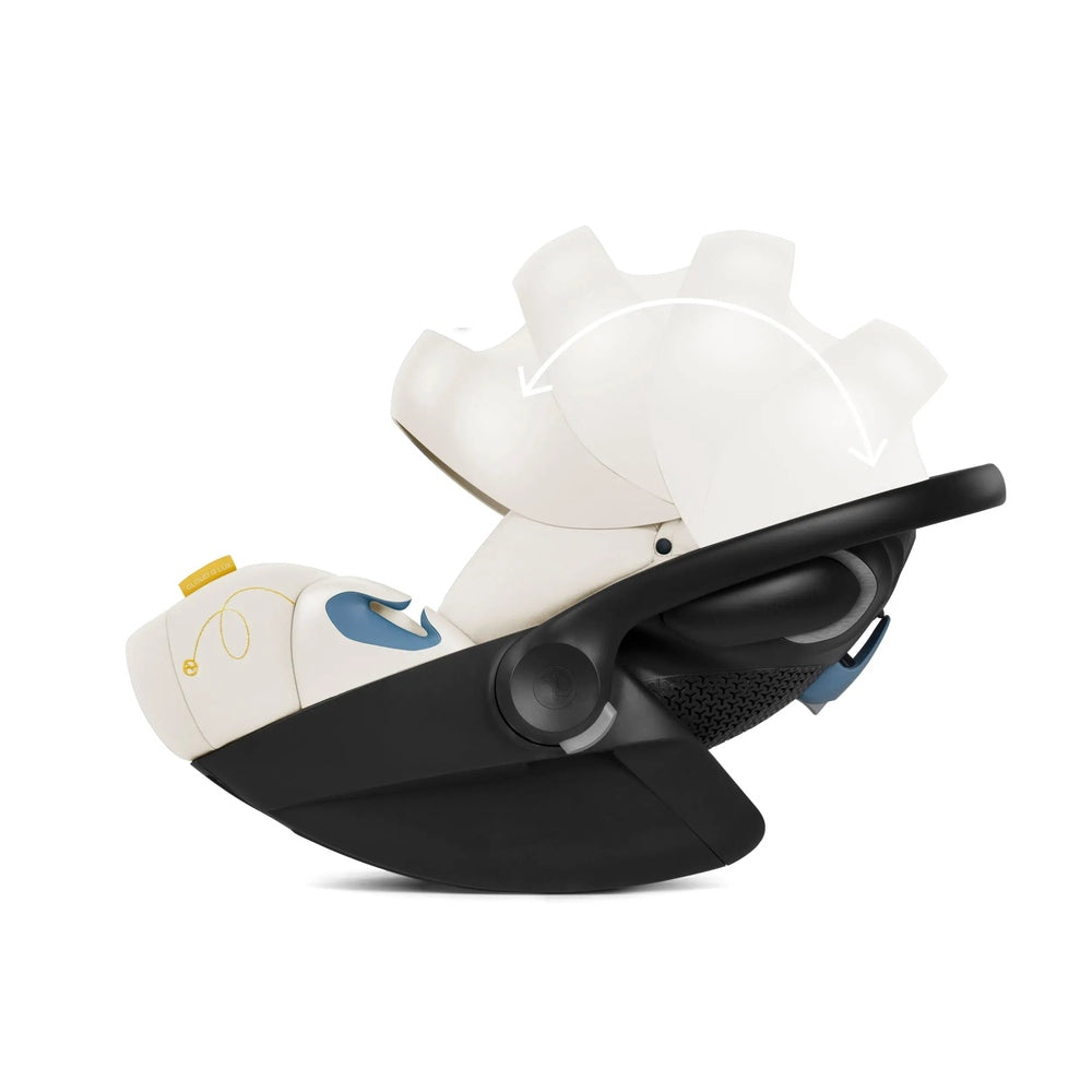Cybex Cloud G Lux Reclining Infant Car Seat in white with black base and blue accents, showing adjustable recline canopy in motion.