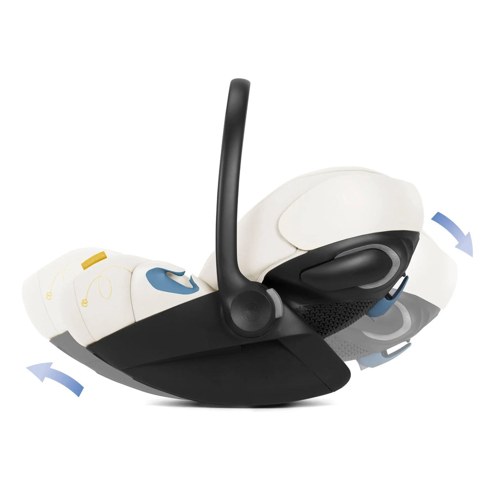 Cybex Cloud G Lux reclining infant car seat, white shell with black base, shown in reclined position.