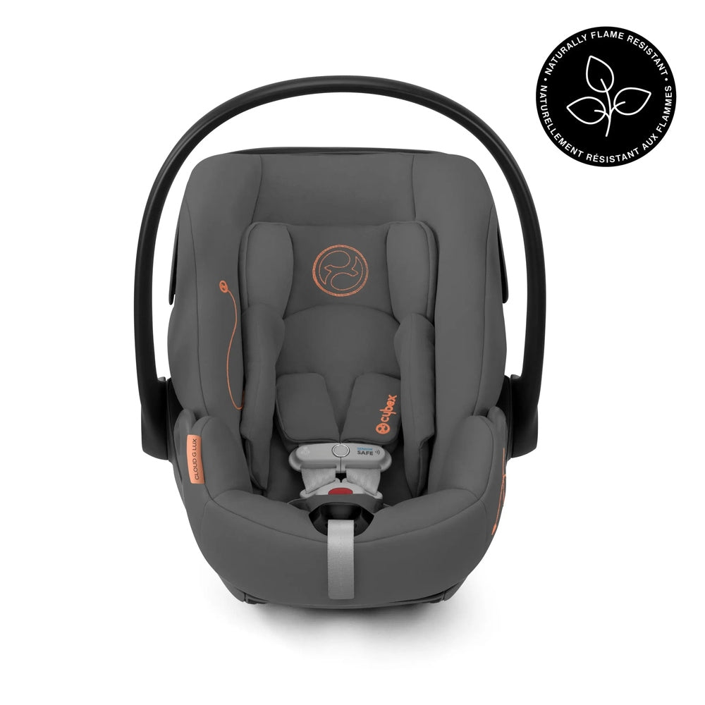 CYBEX Cloud G Lux reclining infant car seat in gray with padded head support and curved carry handle
