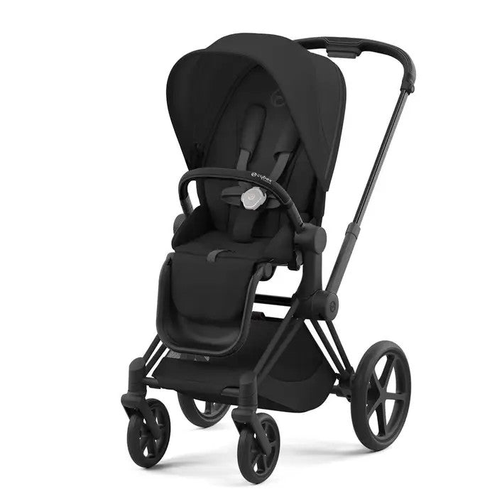 Cybex E-Priam Stroller in black with canopy and adjustable handle, four-wheel chassis ready for a stroll