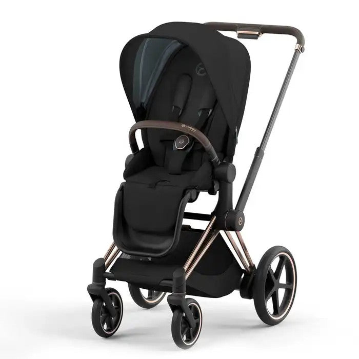 CYBEX E-Priam stroller in black with bronze frame and large rear wheels, ready for a smooth ride.