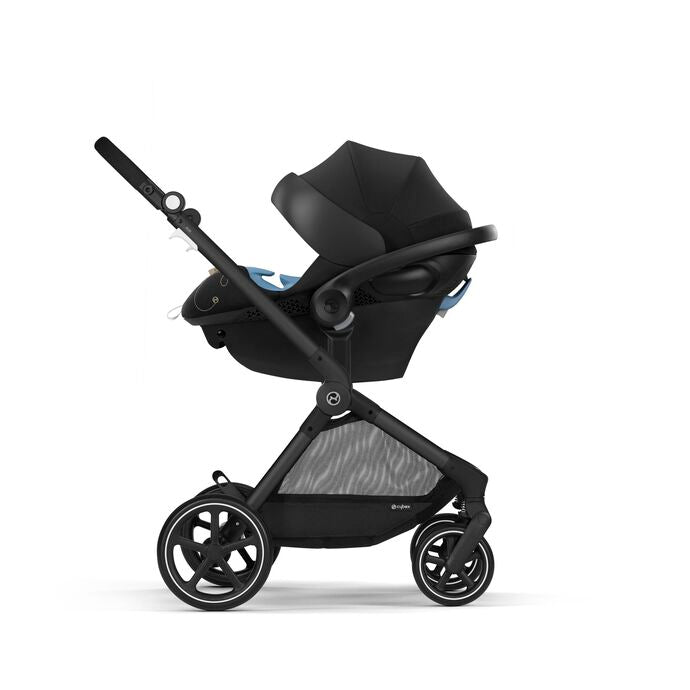 Cybex Eos 5-in-1 travel system stroller with bassinet in Moon Black on black frame