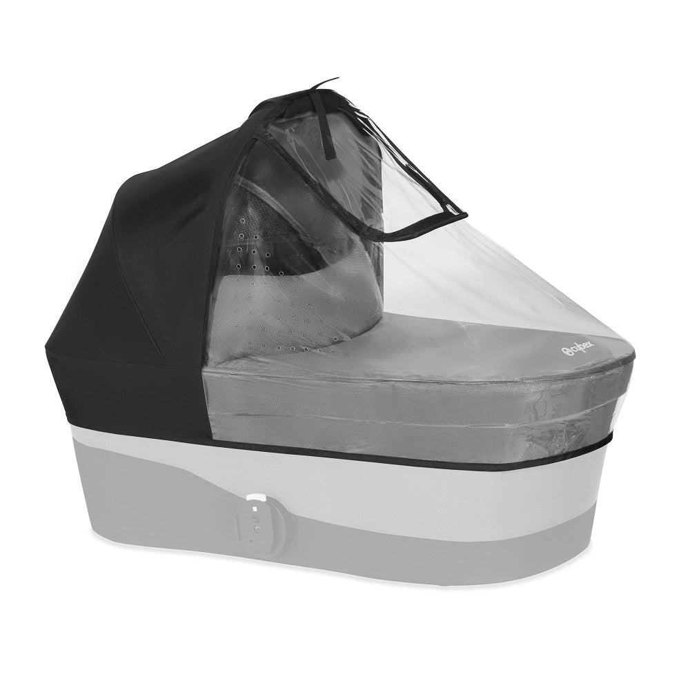 Cybex Gazelle S infant cot rain cover with clear canopy over gray bassinet base