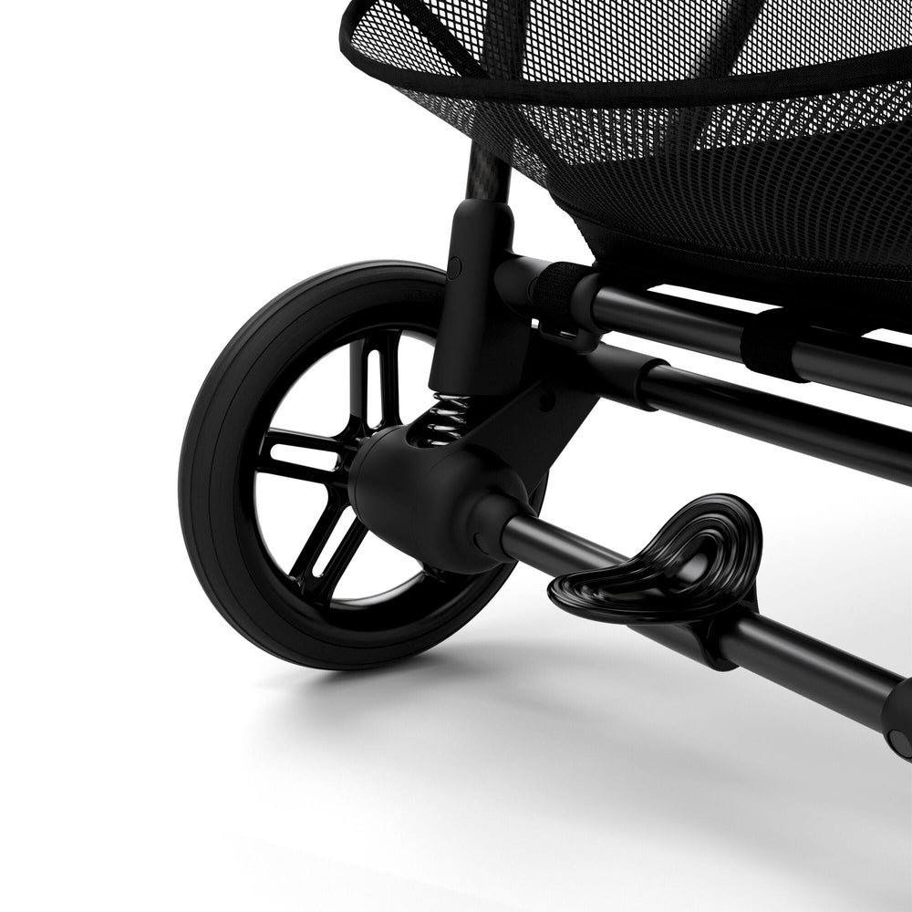 CYBEX Melio Carbon 3 ultralight stroller with black alloy frame, large rear wheel, and mesh basket