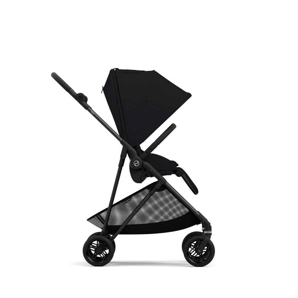 CYBEX Melio Carbon 3 stroller, black with carbon frame, extended canopy and mesh storage