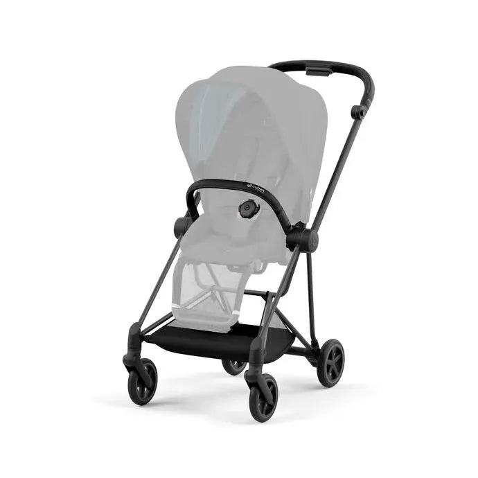 CYBEX Mios 3 stroller frame in black with grey seat fabric, four wheels, ready to push.