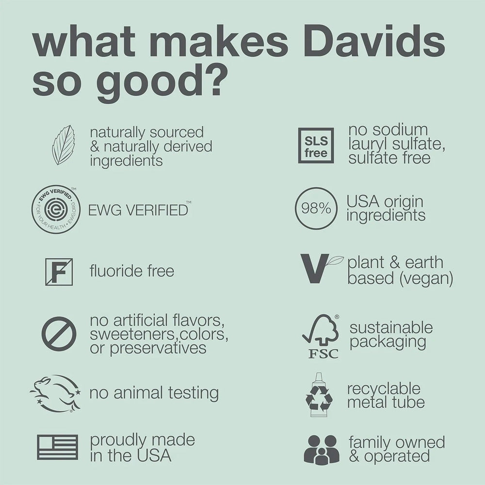 Davids Toothpaste Fluoride Free Herbal Citrus Peppermint shown in an infographic listing fluoride-free, vegan, USA ingredients.