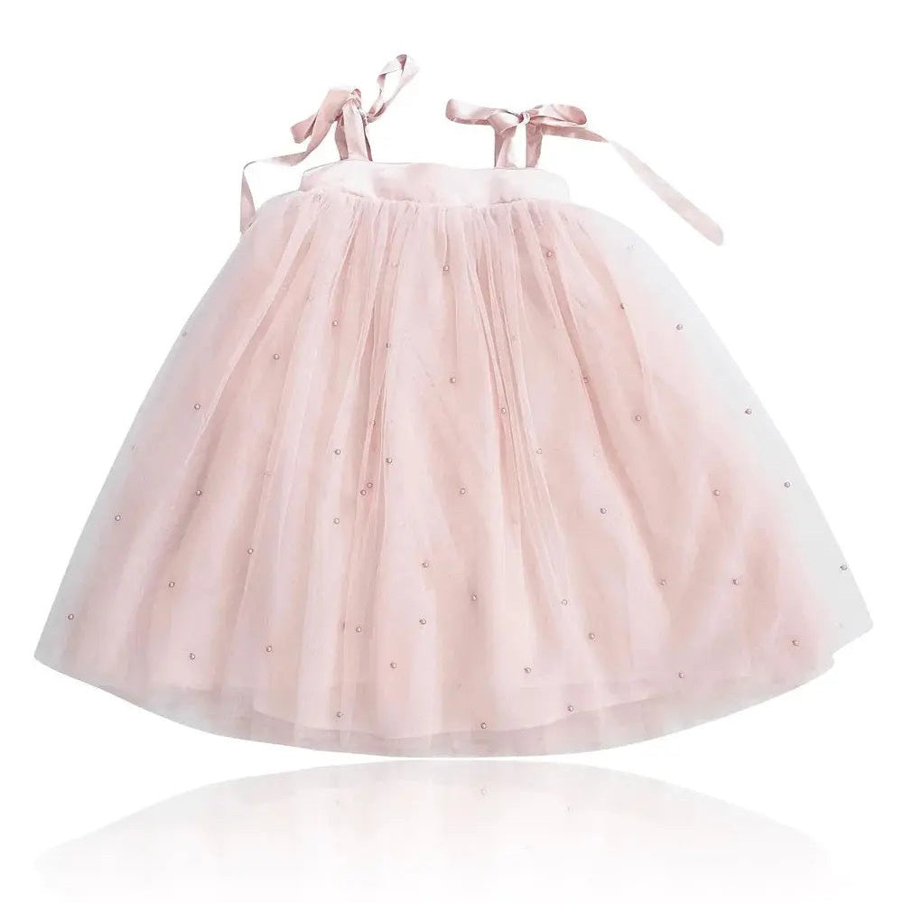 Dolly By Le Petit Pearl 2-Cute Tulle Dress in pink with satin ribbon straps, fluffy dotted tulle skirt