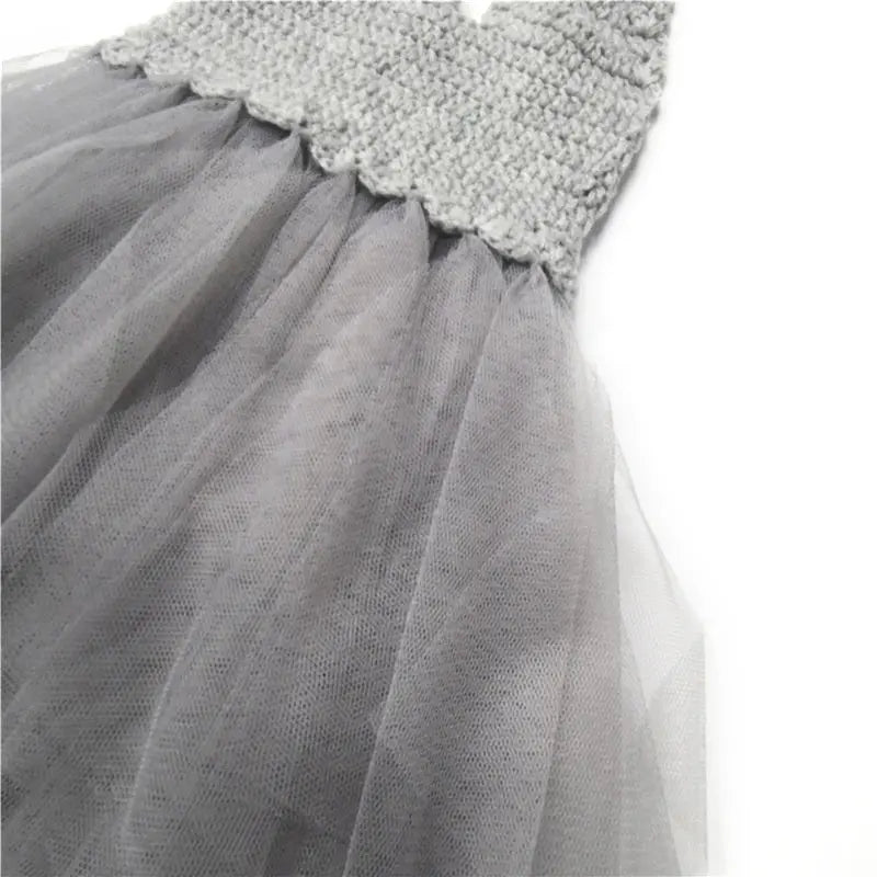 Dolly by Le Petit Tom Crochet Tutu Dress in silver grey with a shirred bodice and sheer tulle skirt.