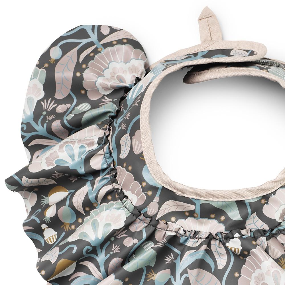 Elodie Details baby bib Midnight Bells; gray floral print with beige trim