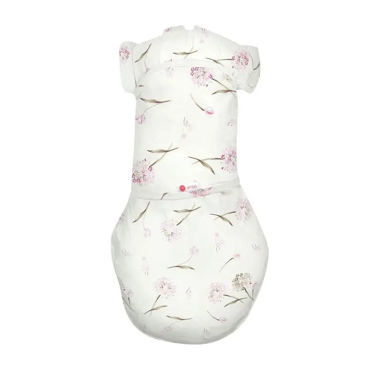 Embe Starter Swaddle by EMBE, white with pink floral print and brown stems, snugly wrapped.