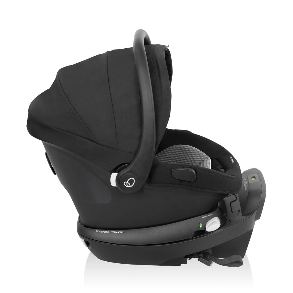 Evenflo Revolve180 Litemax NXT infant car seat in black with base and carry handle.