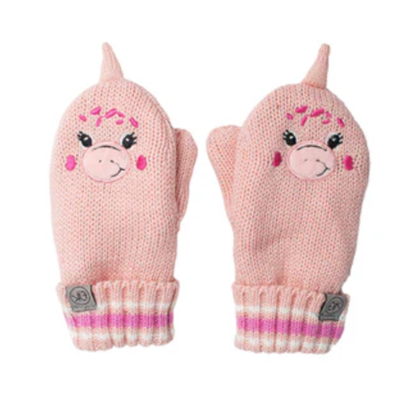 Flapjackkids Baby Knitted Mittens Dino Pink pair with cute dinosaur faces and striped cuffs