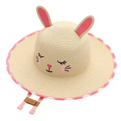 Flapjackkids bunny ears lifeguard straw hat, beige with pink trim and adjustable chin straps