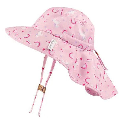 Flapjackkids Kids Sun Hat With Neck Cape Unicorn, pink unicorn-pattern hat with chin ties dangling.