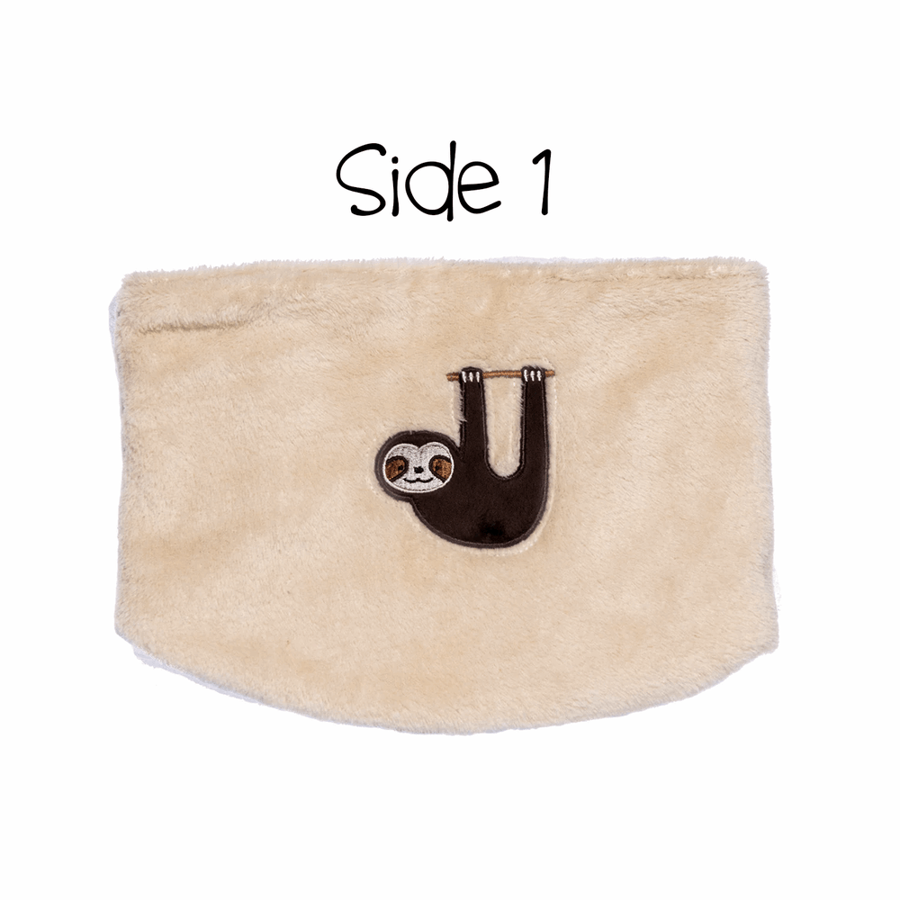 Flapjackkids reversible beige plush neck warmer with sloth embroidery