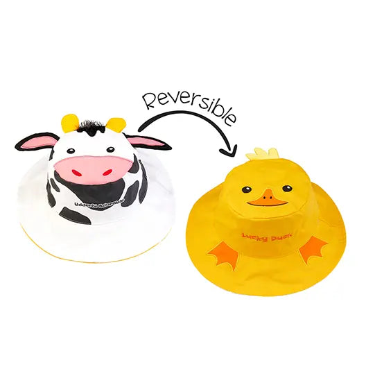 Flapjackkids Reversible Kids Sun Hat Cow & Yellow Duck; cow-print side transforms to yellow duck when flipped.