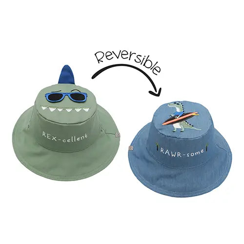 Flapjackkids Reversible Kids Sun Hat Dinosaur & Surfer Dino; green dinosaur side flips to blue surfer side, two hats.