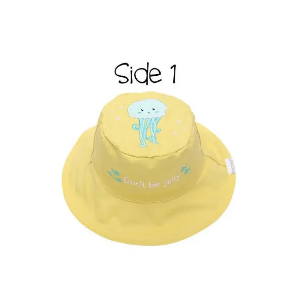 Flapjackkids Reversible Kids Sun Hat Fish & Jellyfish, yellow bucket style with blue jellyfish artwork.