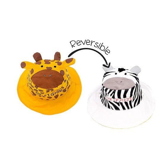 Flapjackkids reversible toddler sun hat, giraffe-print yellow side and zebra-print black/white side