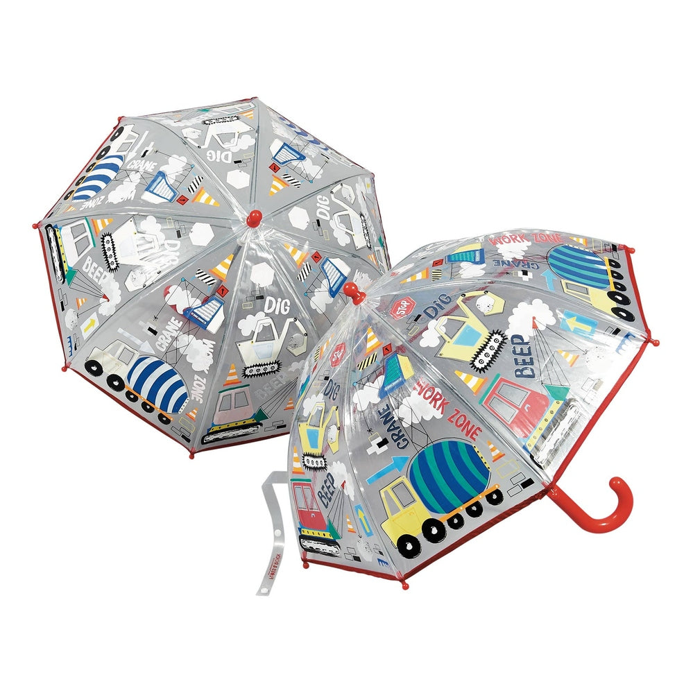 Floss and Rock construction color-change umbrella; grey canopy with colorful vehicles, red curved handle.