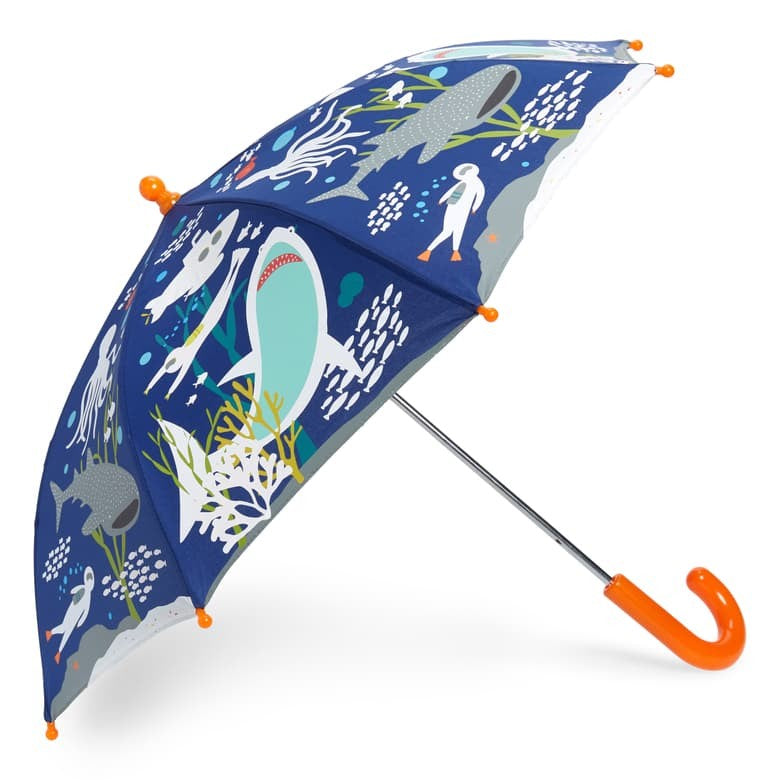 Floss And Rock Deep Sea color-changing kids' umbrella; blue canopy with orange curved handle.