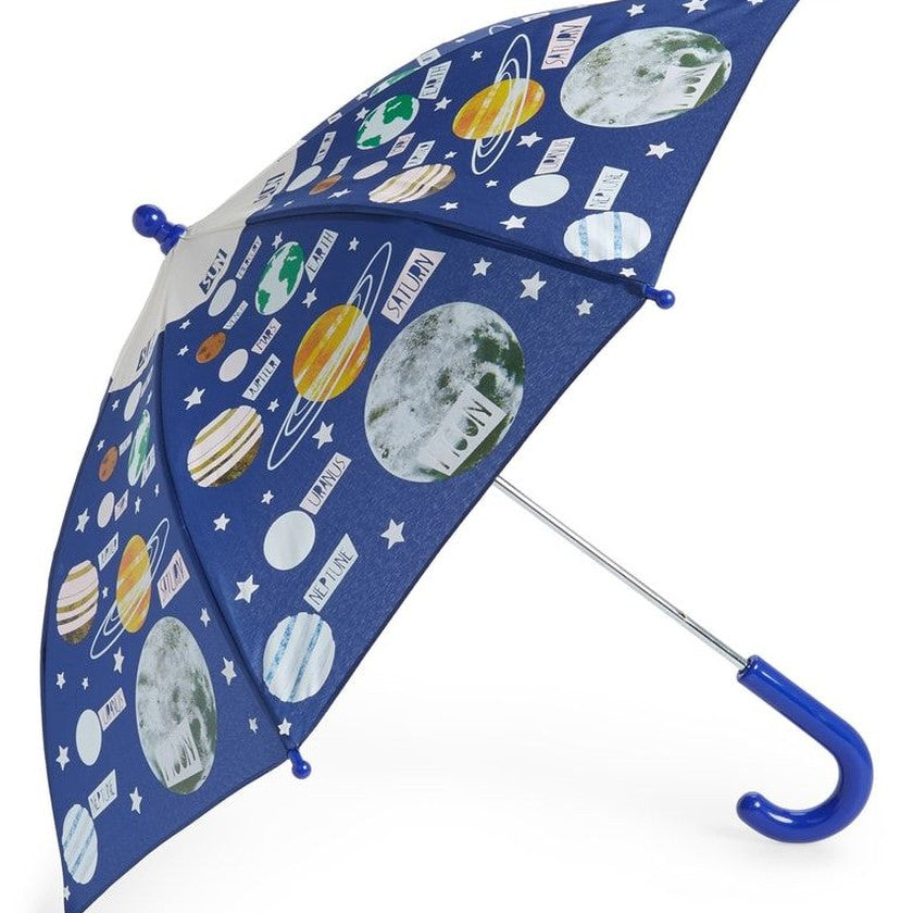 Floss and Rock Universe color-change umbrella; blue with planets, stars and space labels for kids