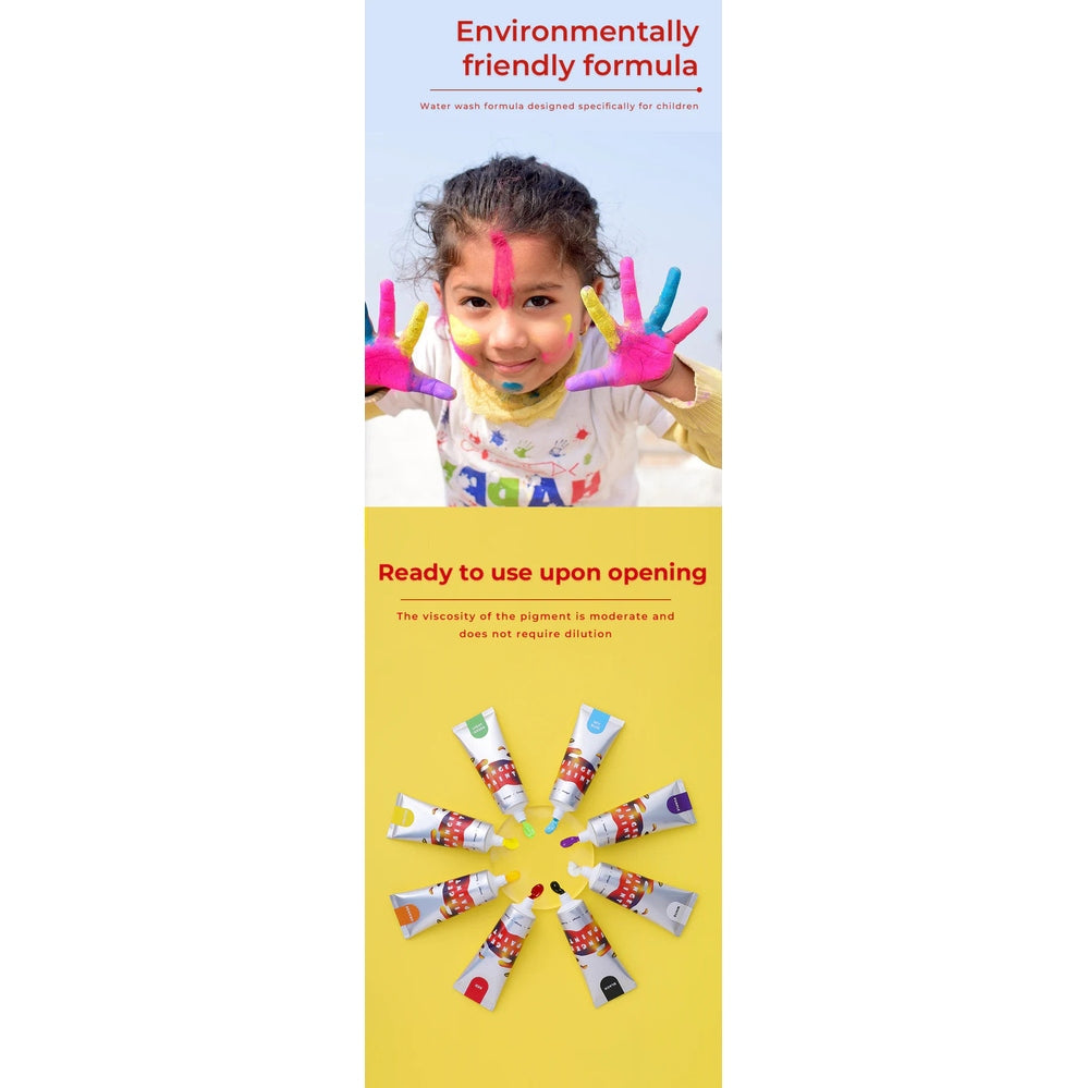 Flower Monaco Finger Printing Suit for kids with bright paint on hands; eight paint tubes arranged