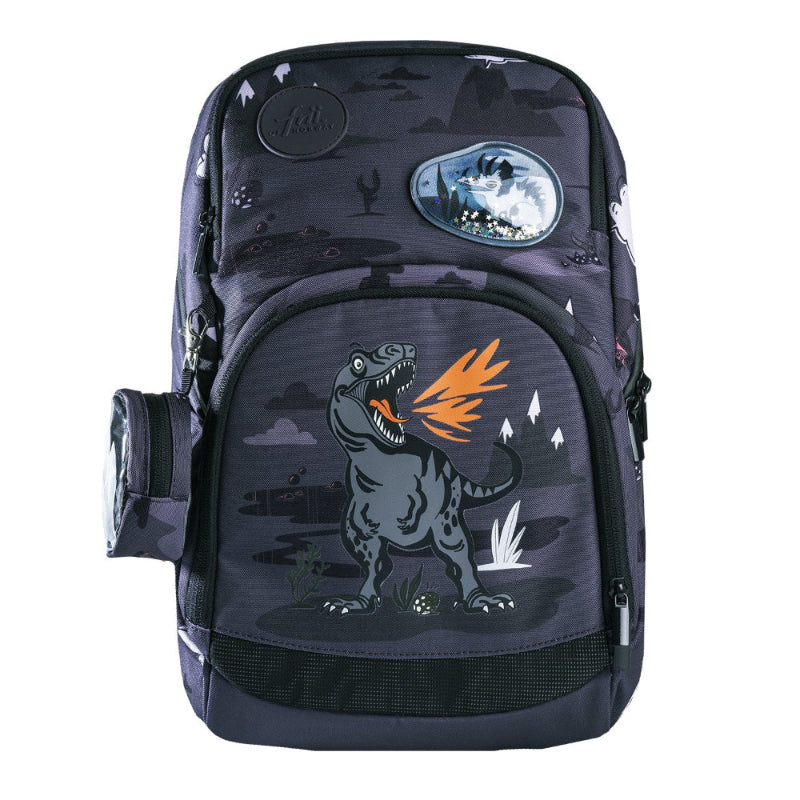 Frii of Norway backpack 20–25L in dark purple with a dinosaur print and expandable main compartment
