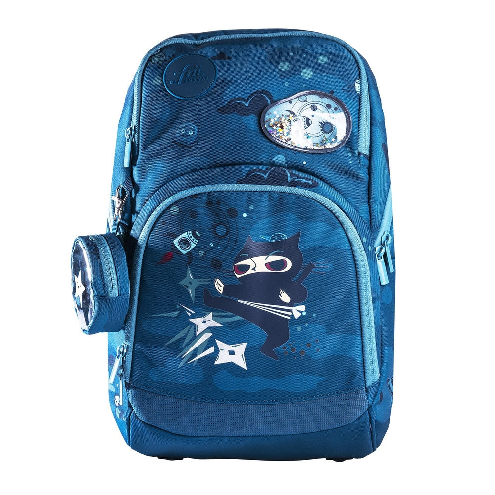 Frii of Norway Ninja Blue school backpack, 20–25L with ninja cat graphic and patches