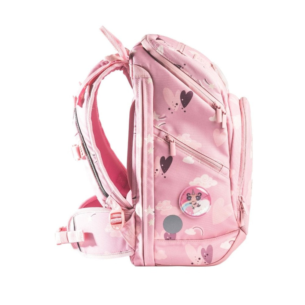 Frii of Norway unicorn school backpack, pink 22–25L expandable with hearts and clouds
