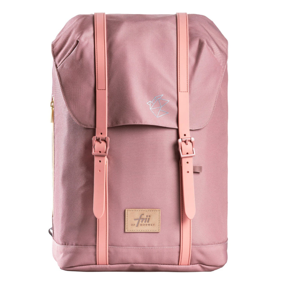 Frii of Norway 30L dusty pink backpack with pink faux leather straps and logo patch