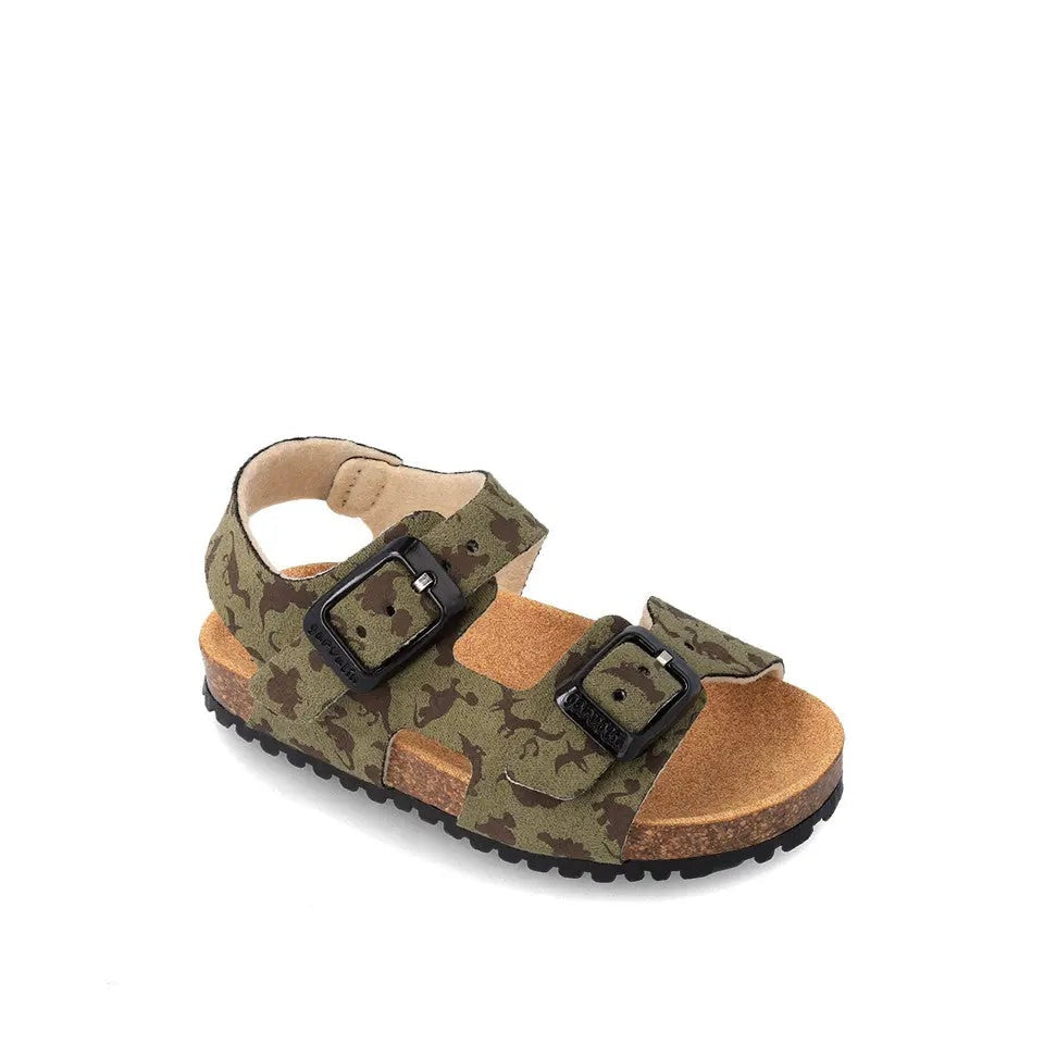 Garvalin Bio Sandals For Boy Kaki in camouflage with two black buckles and cork footbed.