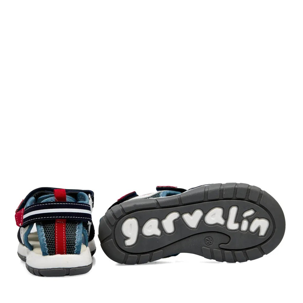 Garvalin Children Sandals Navy Blue with red accents and white sole; rugged outsole shows deep treads for grip.