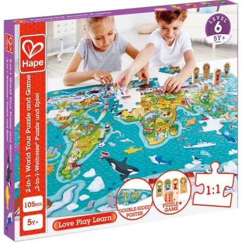 Hape 2-in-1 World Tour puzzle and game, 105-piece world map set for kids aged 5+, includes poster