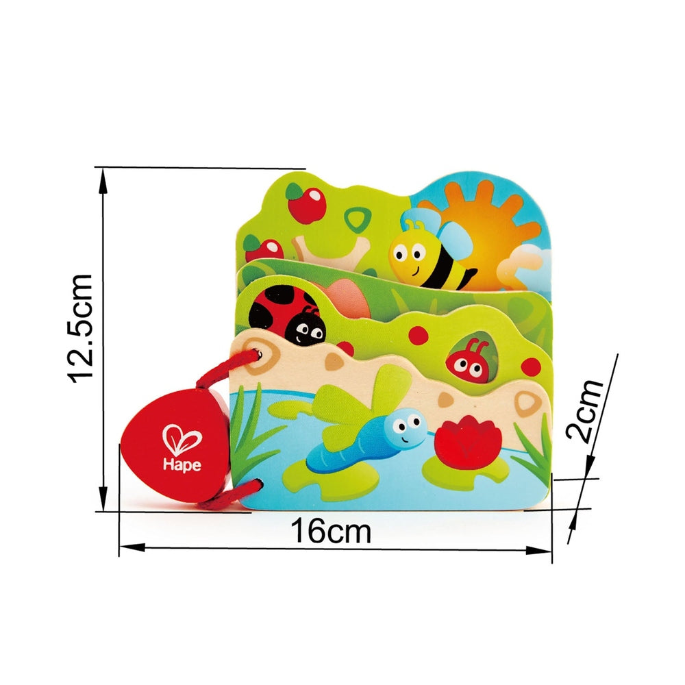 Hape Baby's Bug Book, a colorful wooden toddler book with bright insect scenes, stacked pages and a red tag, 16×12.5×2 cm.