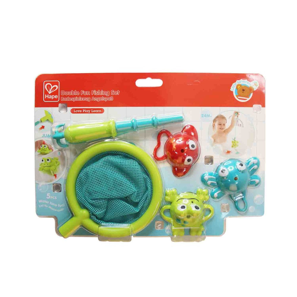 Hape Double Fun Fishing Set bath toy with net, rod, and four colorful sea creatures