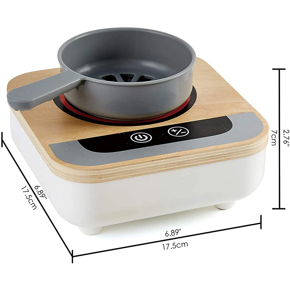 Hape Fun Fan Fryer toy for toddlers; gray frying pan on a wooden base with a black control panel