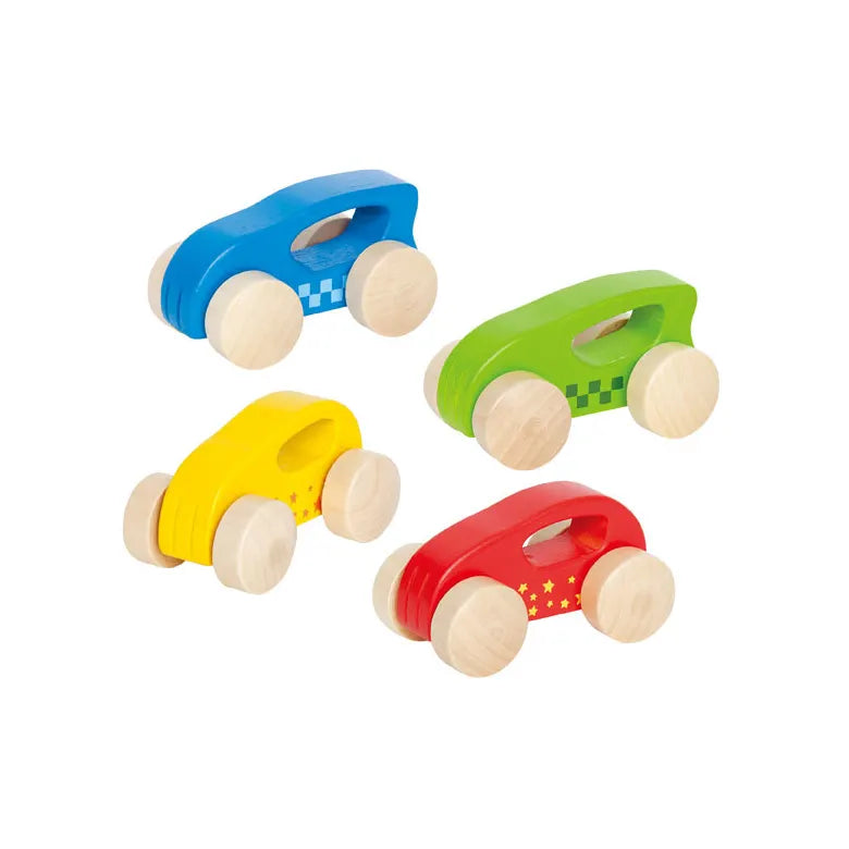 Hape Little Auto wooden toy cars set of four in blue, green, yellow and red with chunky wheels