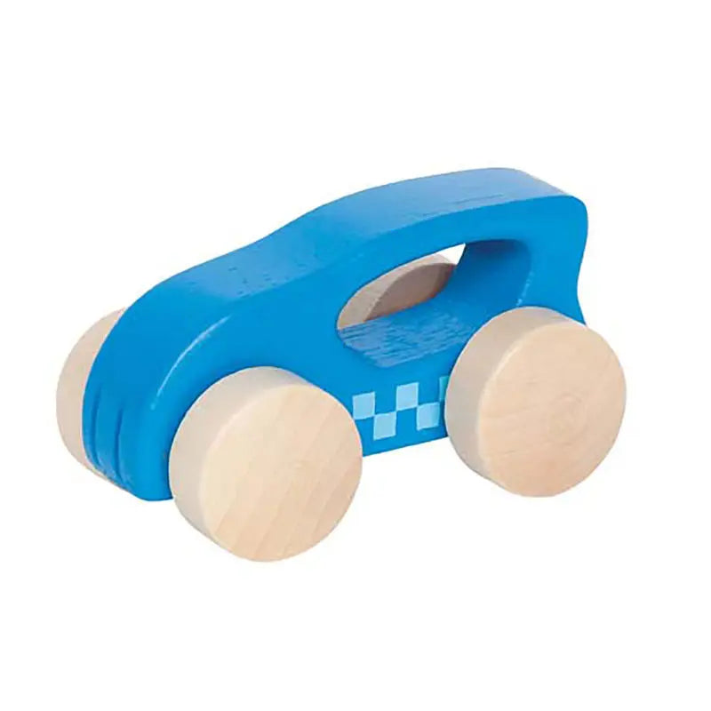 Hape Little Auto blue wooden toy car with natural wood wheels and a top handle